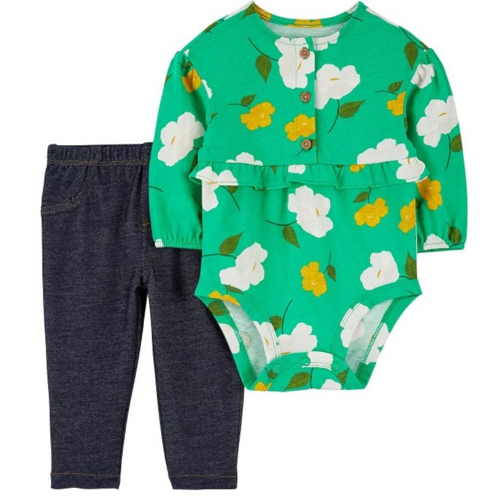 NWT. CARTER'S Baby Girl Green Floral Bodysuit and Pants 2-Pc Set